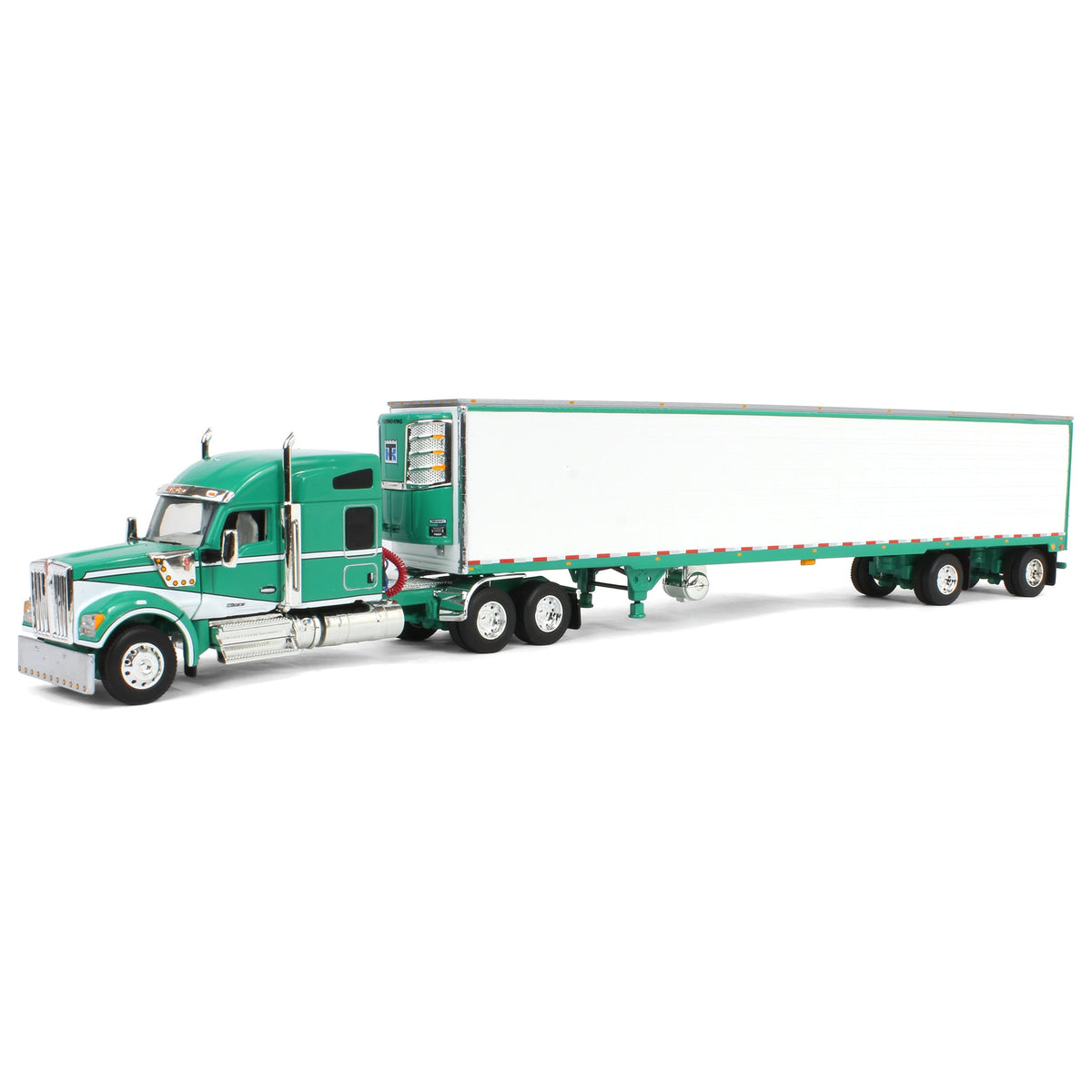 1/64 Green & White Kenworth W990 with Spread Axle Reefer Trailer