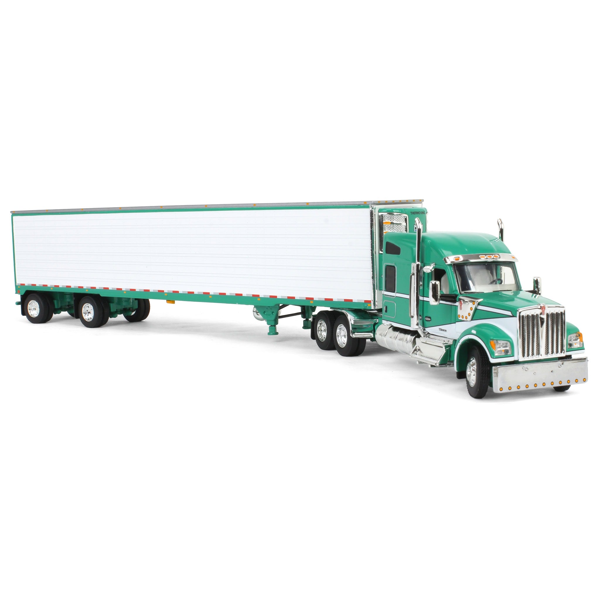 1/64 Green & White Kenworth W990 with Spread Axle Reefer Trailer
