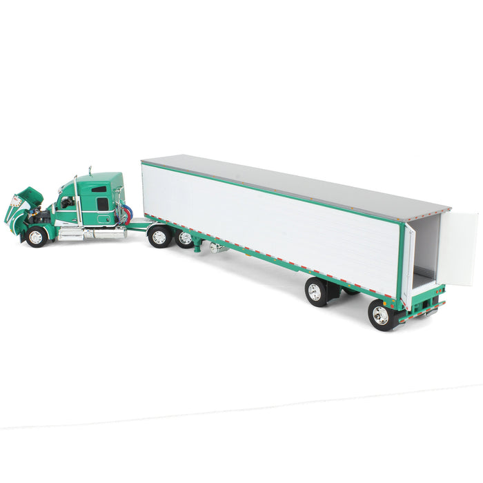 1/64 Green & White Kenworth W990 with Spread Axle Reefer Trailer, DCP by First Gear