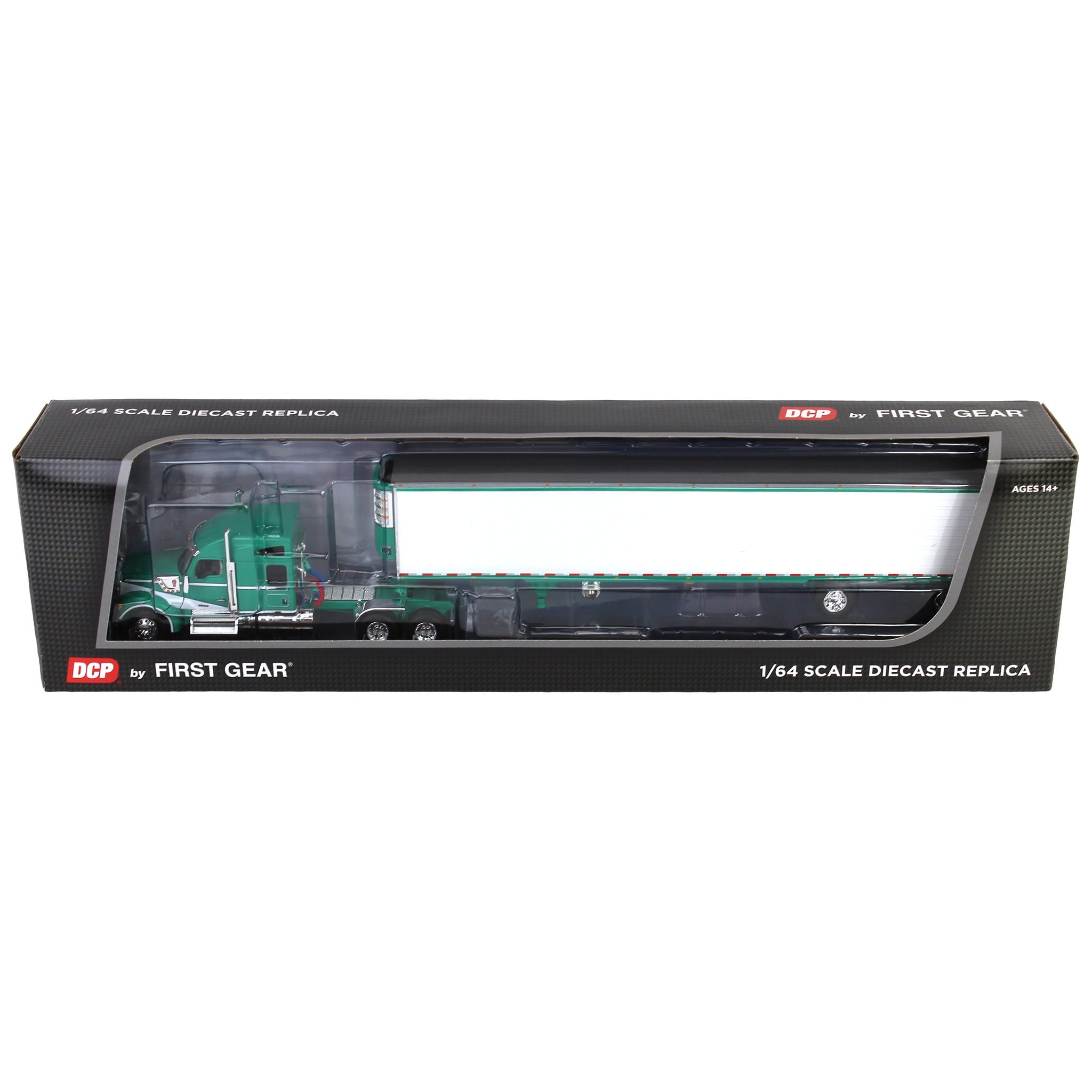 1/64 Green & White Kenworth W990 with Spread Axle Reefer Trailer