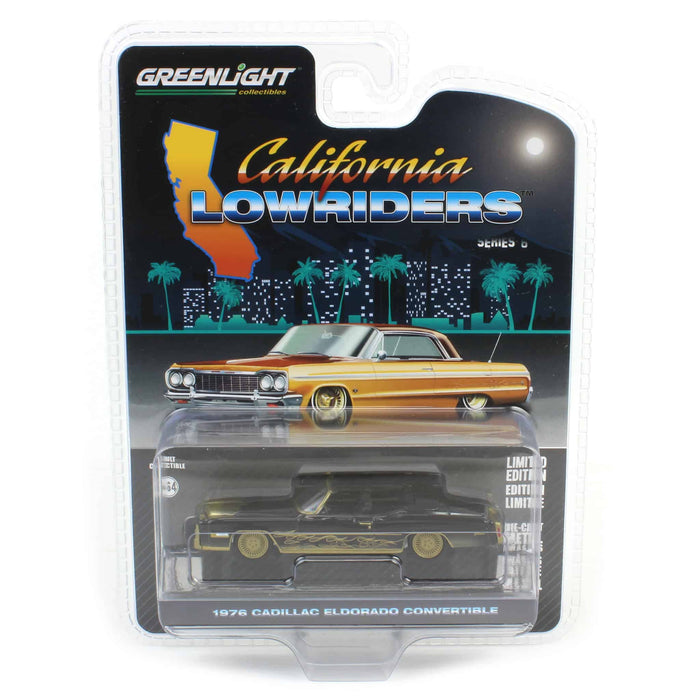 Pinstriped Chase ~ 1/64 1976 Cadillac Eldorado Convertible, Black & Gold, California Lowriders Series 6