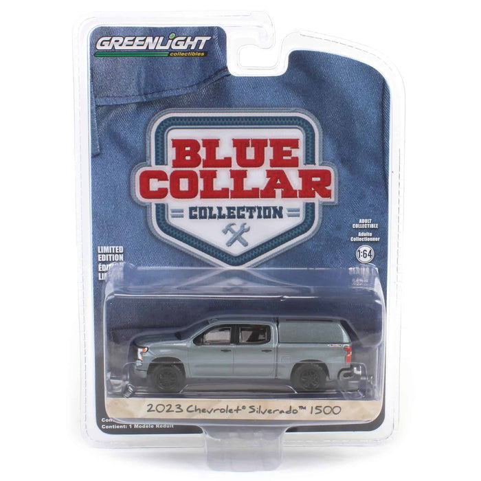 1/64 2023 Chevrolet Silverado 1500 Custom with Camper Shell, Sterling Gray, Blue Collar Series 13