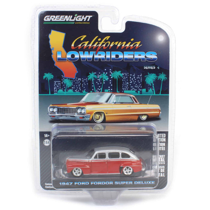 (B&D) 1/64 1947 Ford Fordor Super Deluxe, Silver Metallic & Red Two-Tone, California Lowriders Series 4 - Damaged Box