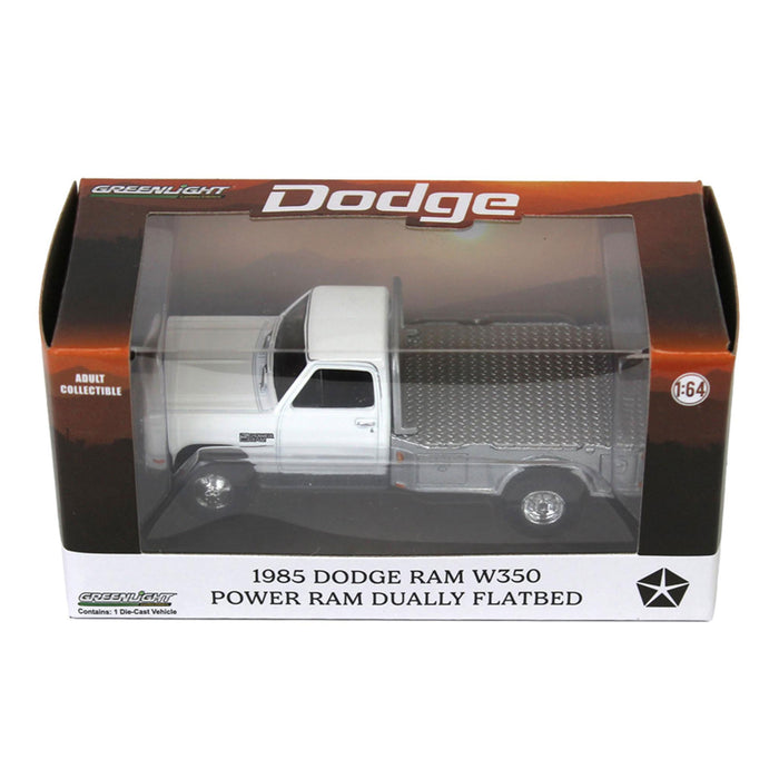 1/64 1985 Dodge Ram W350 Dually Flatbed Pickup Truck, White with Silver Flatbed, Diecast Direct Exclusive