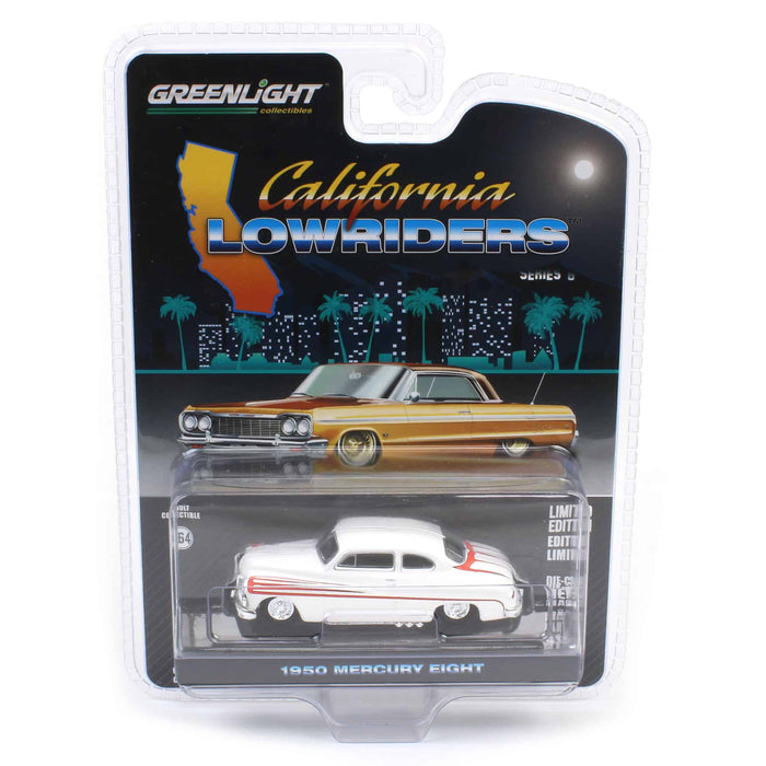 1/64 1950 Mercury Eight Coupe, Matte White with Metallic Orange Scallops, California Lowriders Series 6