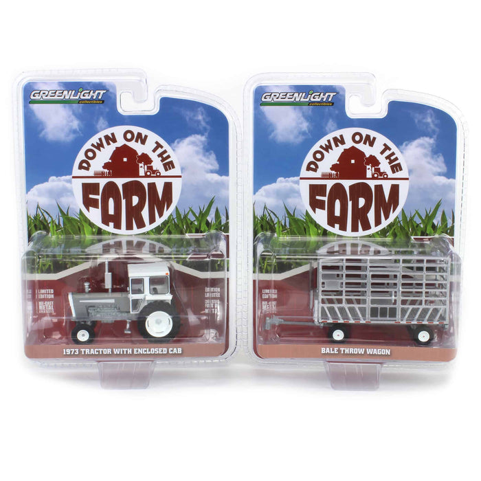 Serial #004 Raw Chase Unit SET ~ 1/64 1973 Tractor with Cab & 1/64 Bale Throw Wagon, Down on the Farm Series 9