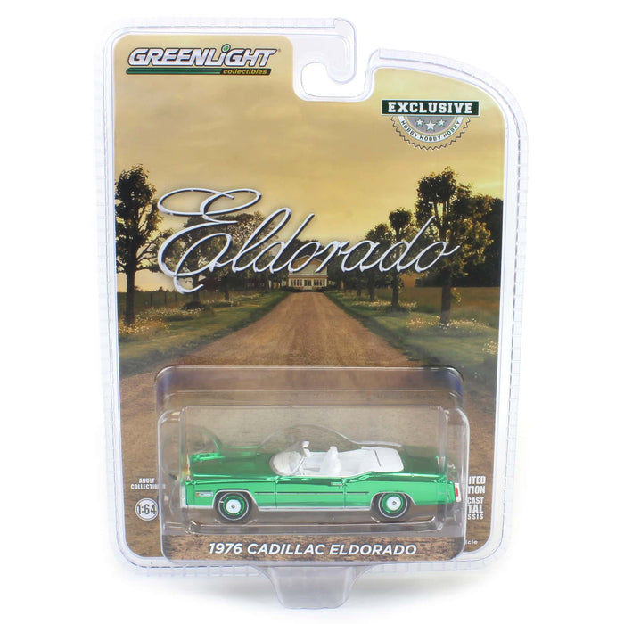 Green Chrome Chase Unit ~ 1/64 1976 Cadillac Eldorado Convertible with Bull Horns Hood Ornament, White, Hobby Exclusive