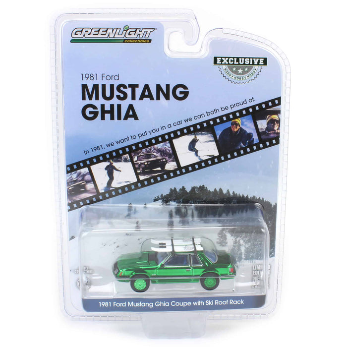 Green Chrome Chase Unit ~ 1/64 1981 Ford Mustang Ghia Coupe with Ski Roof Rack, Medium Blue Glow, Hobby Exclusive