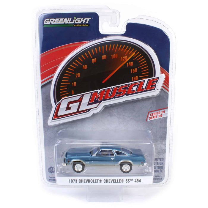 1/64 1973 Chevrolet Chevelle SS 454, Light Blue Metallic & Silver, GreenLight Muscle Series 29