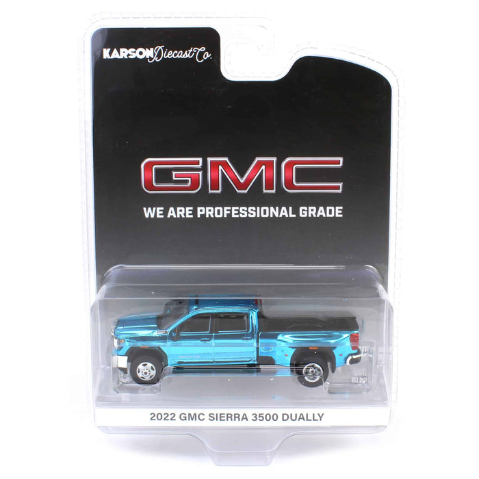 Blue Chrome Chase ~ 1/64 2022 GMC Sierra 3500HD Pro Dually, Onyx Black, Karson Diecast Exclusive