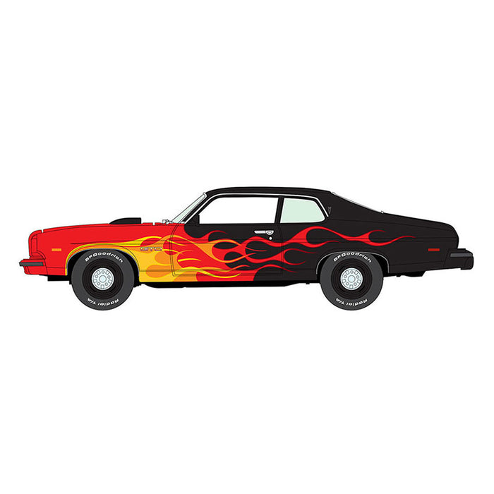 1/64 1974 Pontiac GTO, Black with Red Orange & Yellow Flames, Johnny Lightning