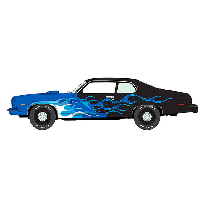 1/64 1974 Pontiac GTO, Black with Blue Flames, Johnny Lightning