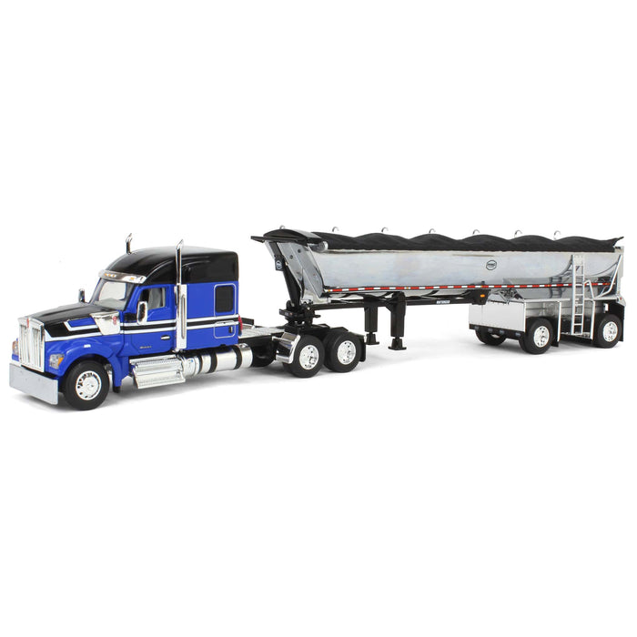 1/64 Blue & Black Kenworth W990 with Chrome MAC End Dump Trailer, DCP by First Gear