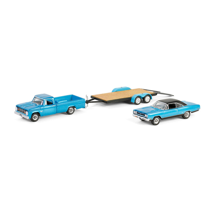 1/64 1967 Dodge D-200 with Flatbed Trailer & 1969 Plymouth GTX, Graveyard Carz, Hollywood Hitch & Tow Series 13