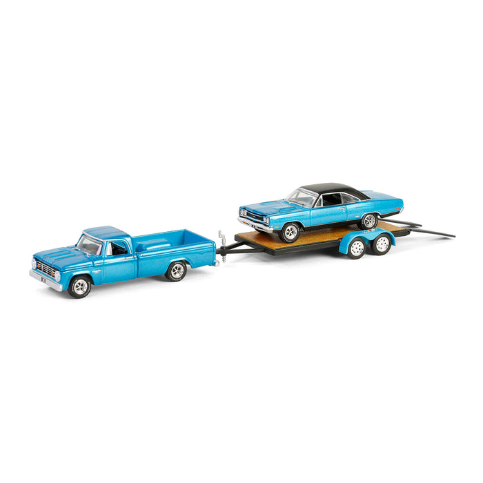 1/64 1967 Dodge D-200 with Flatbed Trailer & 1969 Plymouth GTX, Graveyard Carz, Hollywood Hitch & Tow Series 13