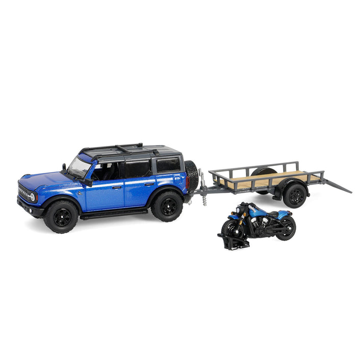 1/64 2021 Ford Bronco Black Diamond with Utility Trailer & Motorcycle, Velocity Blue, Hitch & Tow Series 32