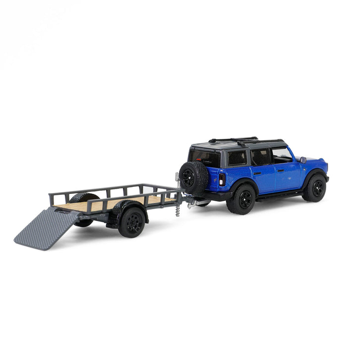 1/64 2021 Ford Bronco Black Diamond with Utility Trailer & Motorcycle, Velocity Blue, Hitch & Tow Series 32