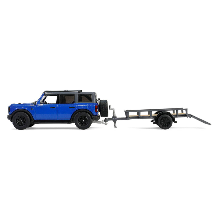 1/64 2021 Ford Bronco Black Diamond with Utility Trailer & Motorcycle, Velocity Blue, Hitch & Tow Series 32