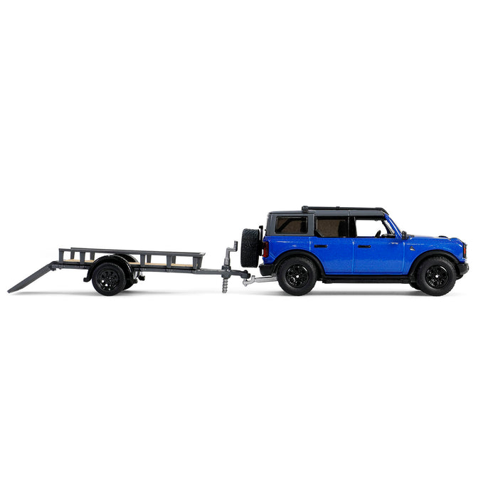 1/64 2021 Ford Bronco Black Diamond with Utility Trailer & Motorcycle, Velocity Blue, Hitch & Tow Series 32