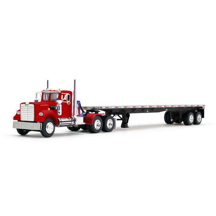 1/64 White Western Star Day Cab with 48ft Utility Flatbed Trailer, Viper Red, DCP by First Gear