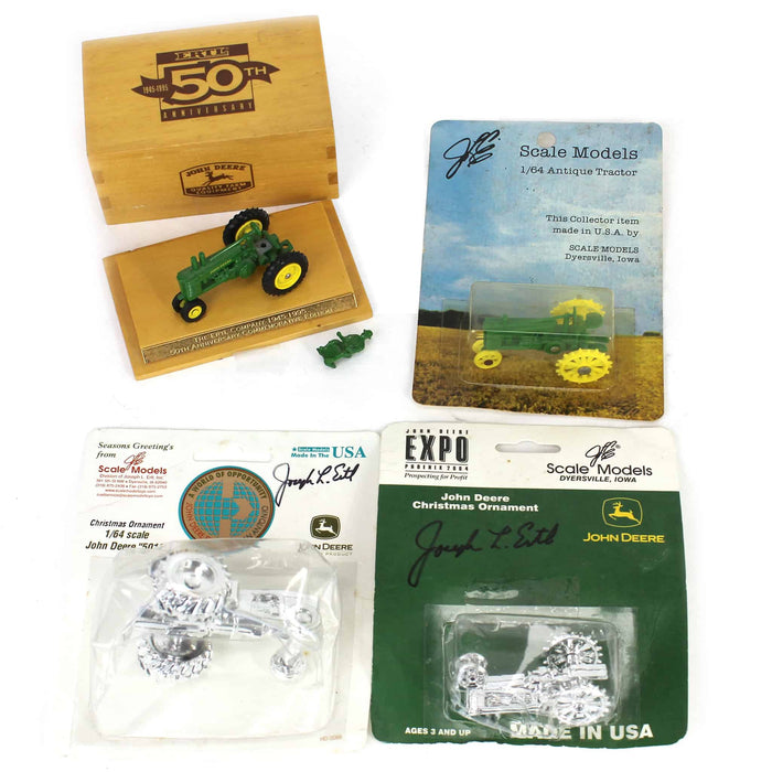 Lot of (2) 1/64 John Deere Tractors and (2) 1/64 John Deere Tractor Christmas Ornaments