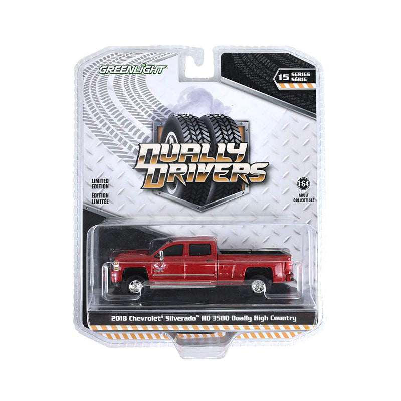 1/64 2018 Chevrolet Silverado 3500 HD High Country Dually Pickup Truck, Cajun Red Metallic, Dually Drivers Series 15