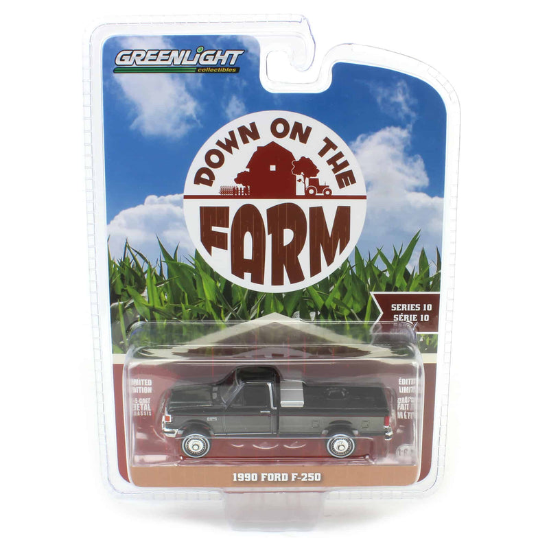 Black Chrome Super Chase ~ 1/64 1990 Ford F-250 with Tool Box, Raven Black & Medium Silver Metallic Combination Two-Tone, Down on the Farm Series 10