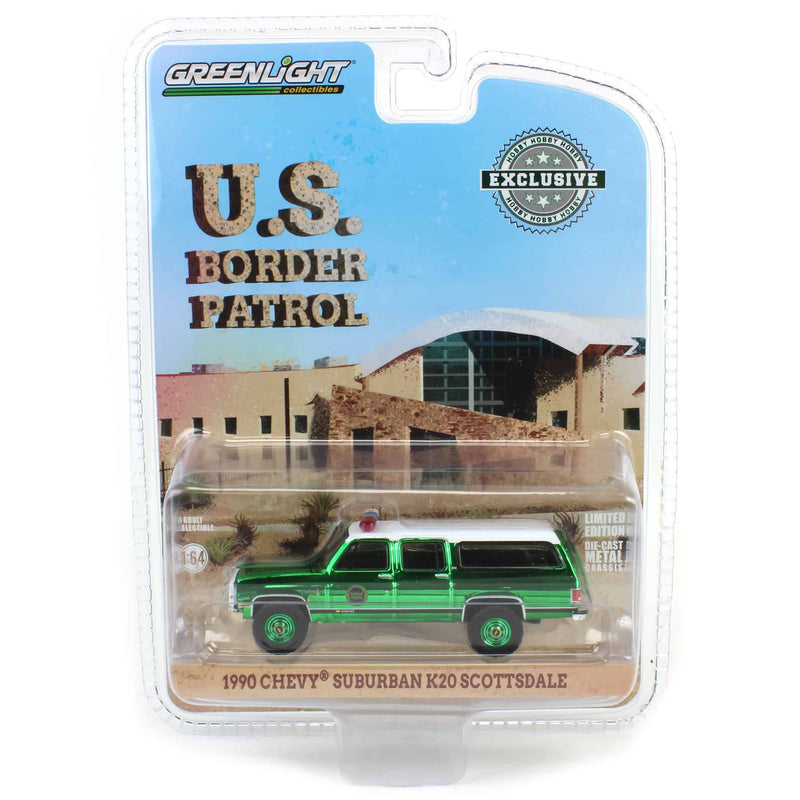 Green Chrome Super Chase ~ 1/64 1990 Chevrolet Suburban K20 Scottsdale, US Border Patrol, Hobby Exclusive