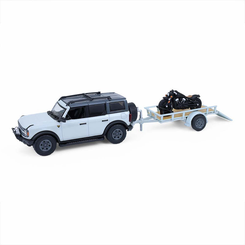 1/64 2021 Ford Bronco 4-Door Badlands, Cactus Grey with Utility Trailer & Motorcycle, Hitch & Tow Series 33