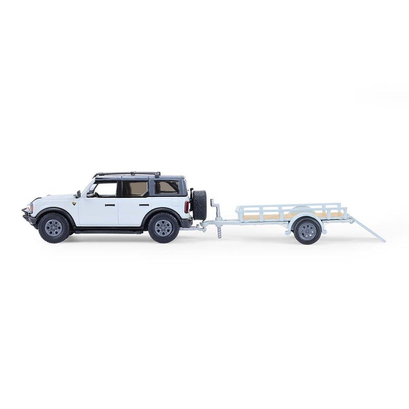 1/64 2021 Ford Bronco 4-Door Badlands, Cactus Grey with Utility Trailer & Motorcycle, Hitch & Tow Series 33