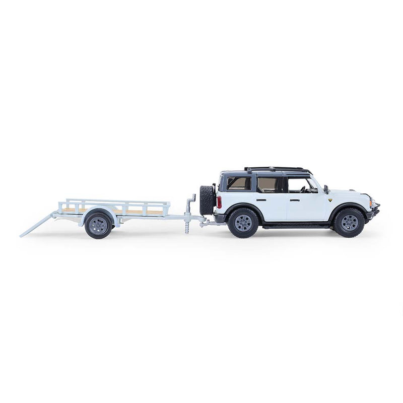 1/64 2021 Ford Bronco 4-Door Badlands, Cactus Grey with Utility Trailer & Motorcycle, Hitch & Tow Series 33