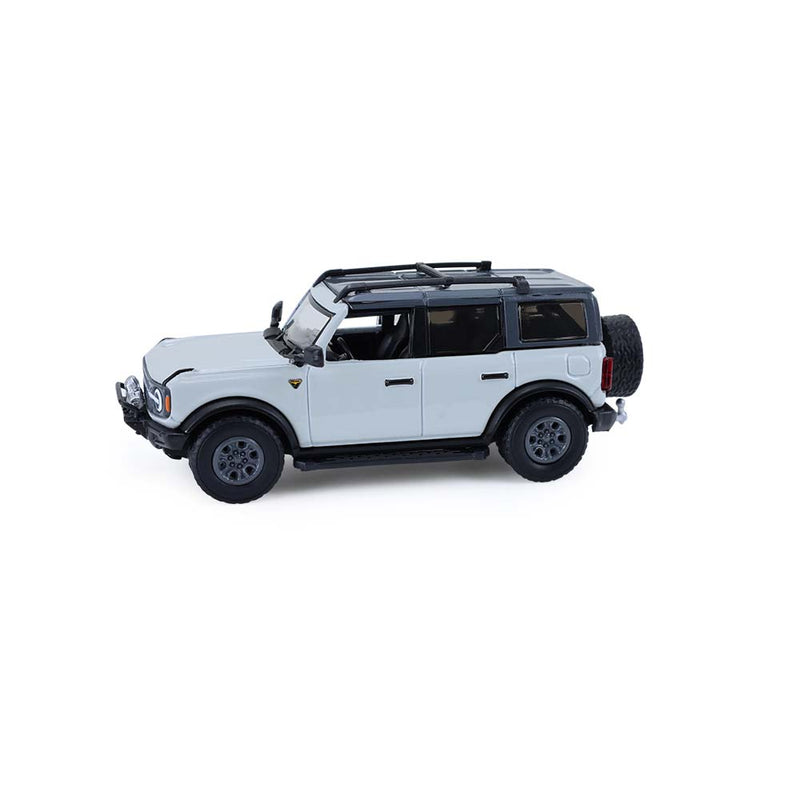 1/64 2021 Ford Bronco 4-Door Badlands, Cactus Grey with Utility Trailer & Motorcycle, Hitch & Tow Series 33