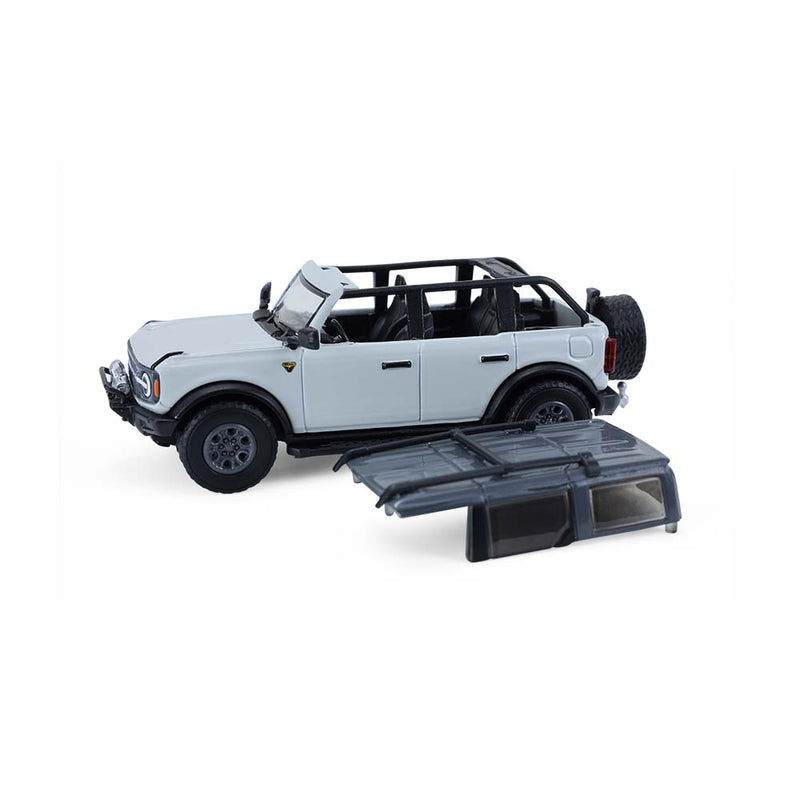 1/64 2021 Ford Bronco 4-Door Badlands, Cactus Grey with Utility Trailer & Motorcycle, Hitch & Tow Series 33