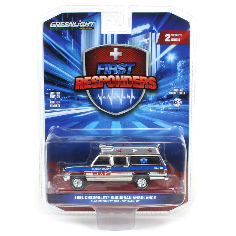 Silver Chrome Super Chase Unit ~ 1/64 1991 Chevrolet Suburban Ambulance, Glacier County EMS, First Responders Series 2