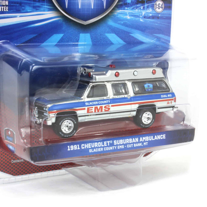 Silver Chrome Super Chase Unit ~ 1/64 1991 Chevrolet Suburban Ambulance, Glacier County EMS, First Responders Series 2