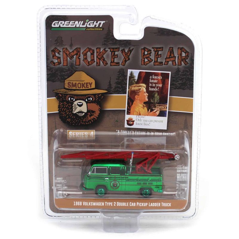 Green Chrome Super Chase ~ 1/64 1968 Volkswagen Type 2 Double Cab Pickup Ladder Truck, Smokey Bear Series 4