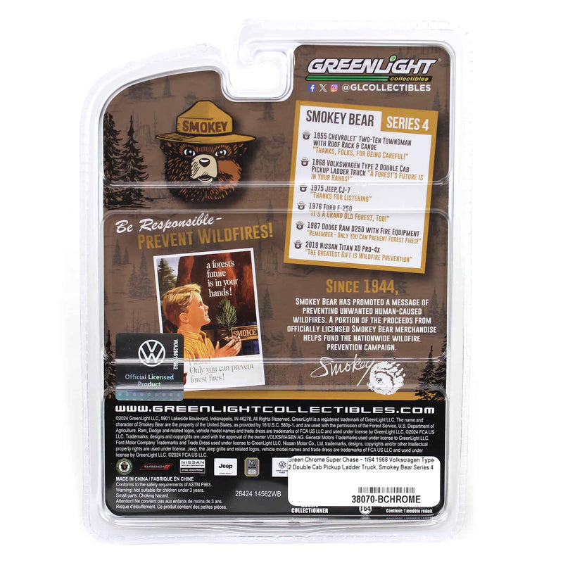 Green Chrome Super Chase ~ 1/64 1968 Volkswagen Type 2 Double Cab Pickup Ladder Truck, Smokey Bear Series 4