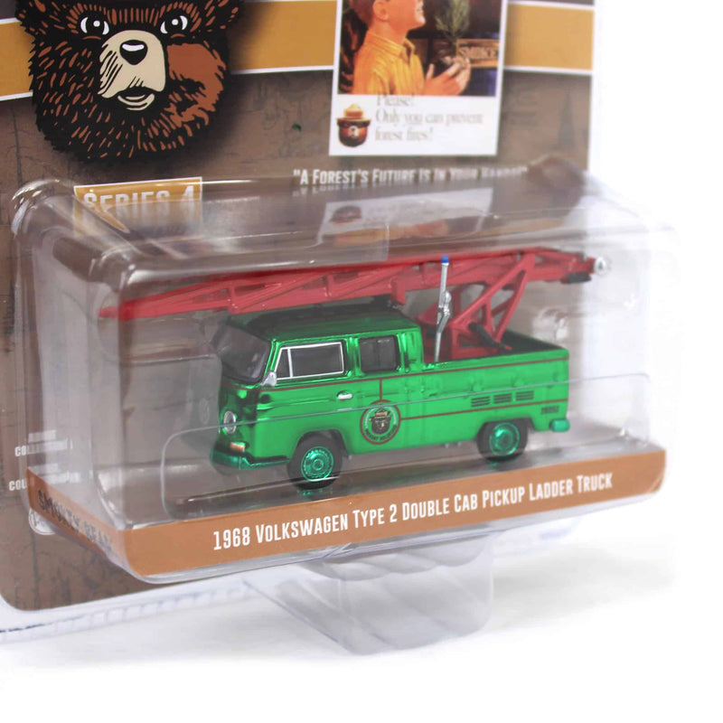 Green Chrome Super Chase ~ 1/64 1968 Volkswagen Type 2 Double Cab Pickup Ladder Truck, Smokey Bear Series 4
