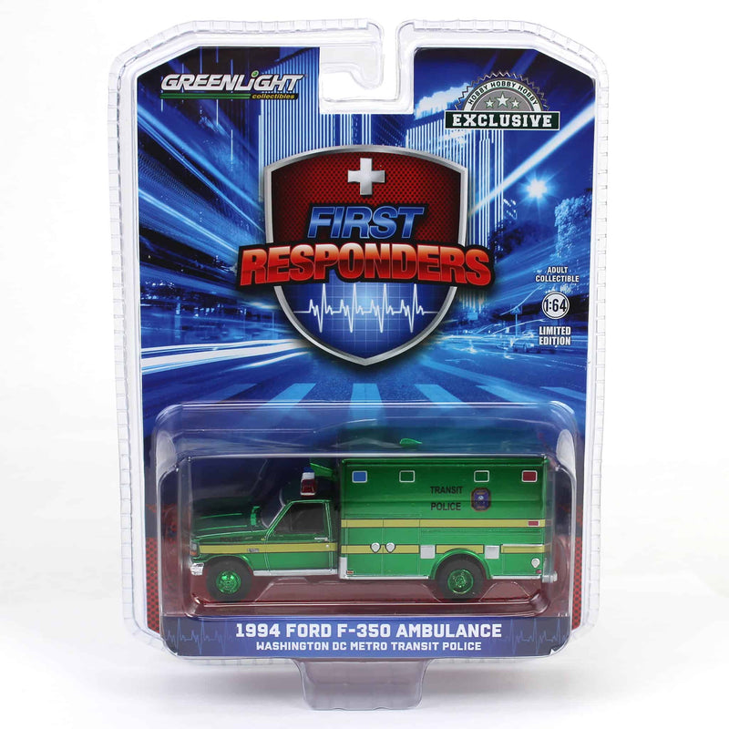 Green Chrome Chase Unit ~ 1/64 1994 Ford F-350 Ambulance, Washington DC Metro Transit Police, First Responders, Hobby Exclusive