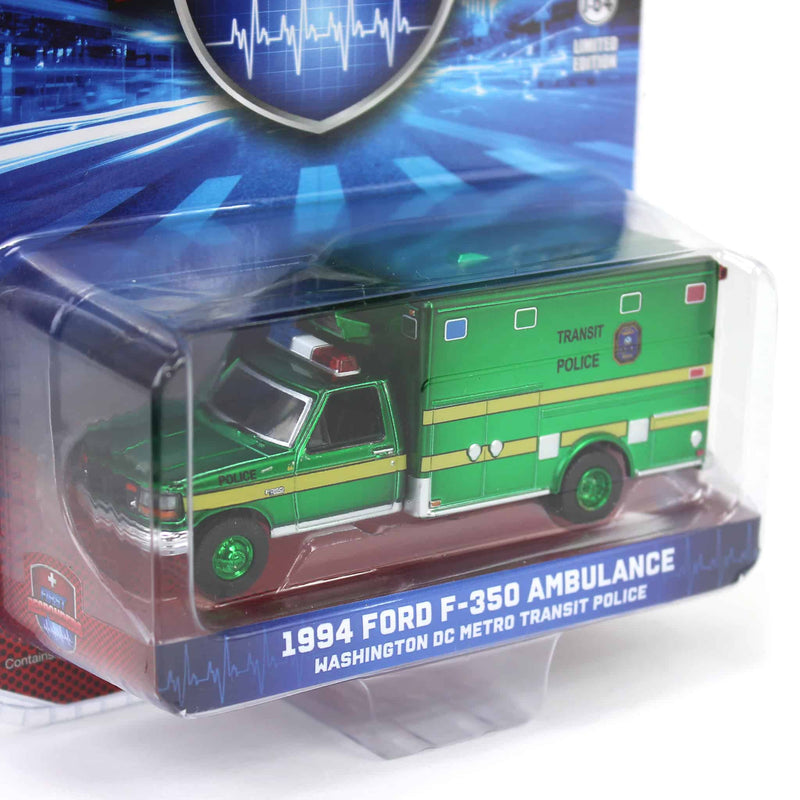Green Chrome Chase Unit ~ 1/64 1994 Ford F-350 Ambulance, Washington DC Metro Transit Police, First Responders, Hobby Exclusive