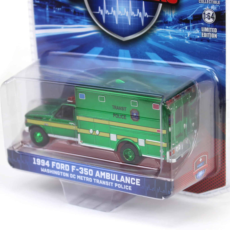 Green Chrome Chase Unit ~ 1/64 1994 Ford F-350 Ambulance, Washington DC Metro Transit Police, First Responders, Hobby Exclusive