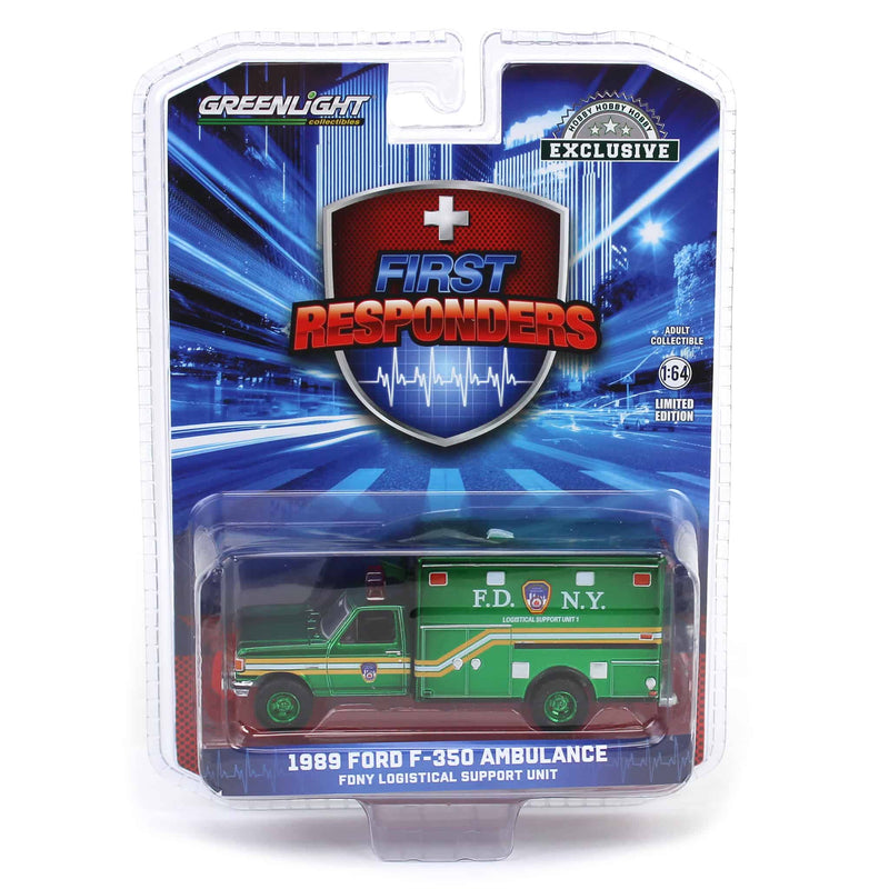 Green Chrome Chase Unit ~ 1/64 1989 Ford F-350 Ambulance - FDNY Logistical Support Unit, First Responders, Hobby Exclusive