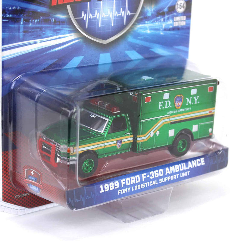 Green Chrome Chase Unit ~ 1/64 1989 Ford F-350 Ambulance - FDNY Logistical Support Unit, First Responders, Hobby Exclusive