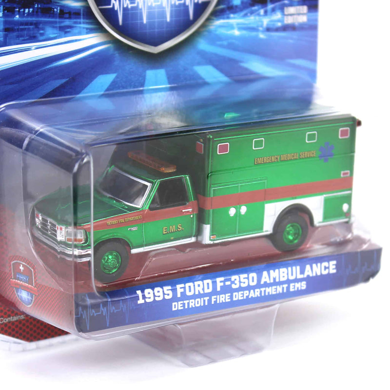 Green Chrome Chase Unit ~ 1/64 1995 Ford F-350 Ambulance, Detroit First Dept. EMS, First Responders, Hobby Exclusive