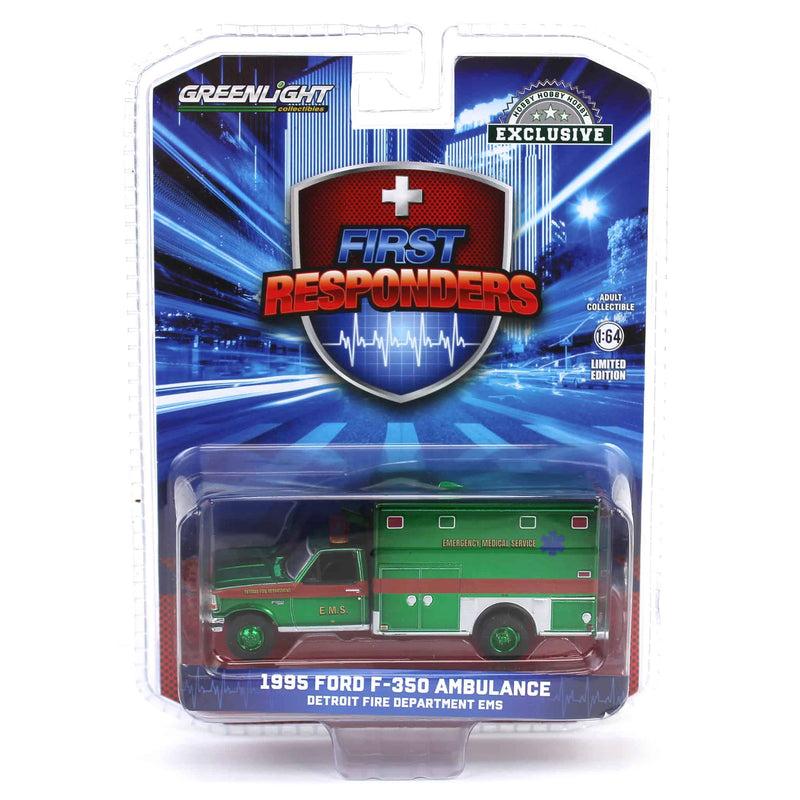 Green Chrome Chase Unit ~ 1/64 1995 Ford F-350 Ambulance, Detroit First Dept. EMS, First Responders, Hobby Exclusive