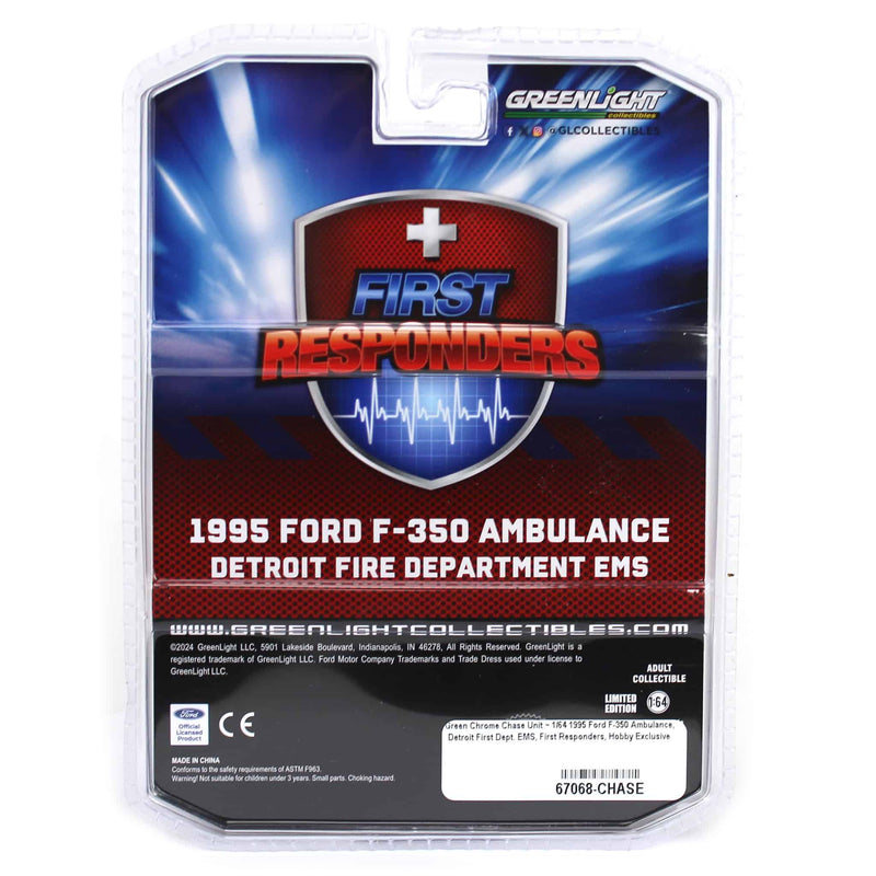 Green Chrome Chase Unit ~ 1/64 1995 Ford F-350 Ambulance, Detroit First Dept. EMS, First Responders, Hobby Exclusive