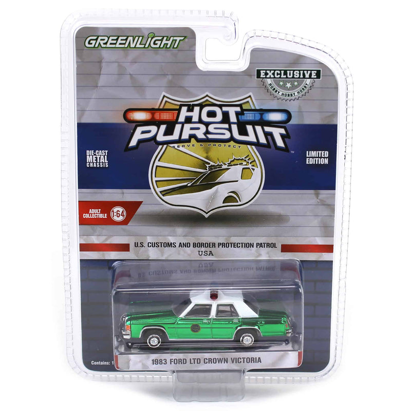Green Chrome Super Chase ~ 1/64 1983 Ford LTD Crown Victoria, US Customs & Border Patrol, Hot Pursuit Special Edition