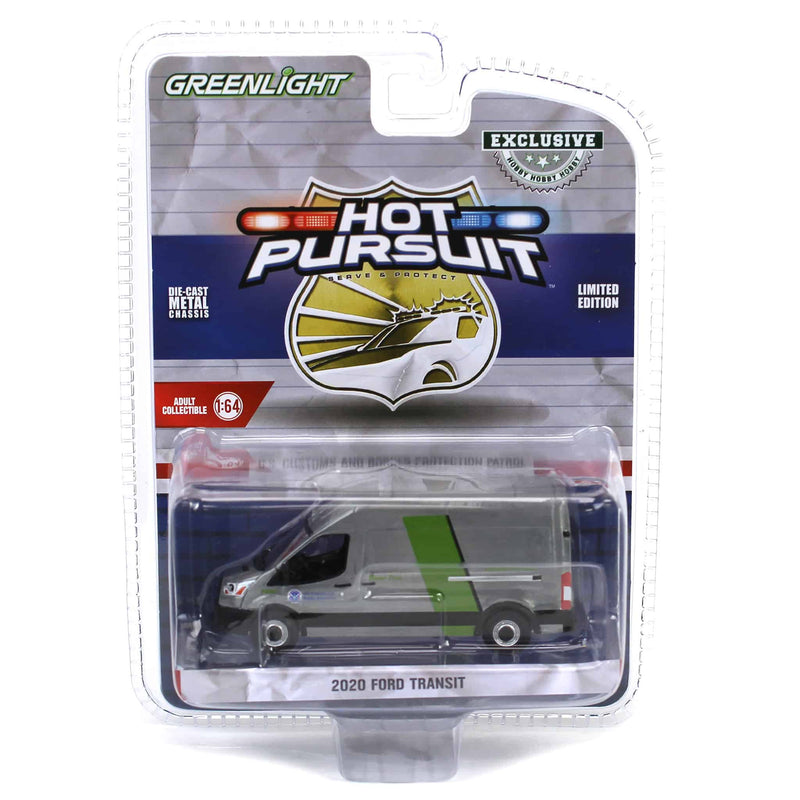 Raw Chase Unit ~ 1/64 2020 Ford Transit LWB High Roof, US Customs & Border Patrol, Hot Pursuit Special Edition
