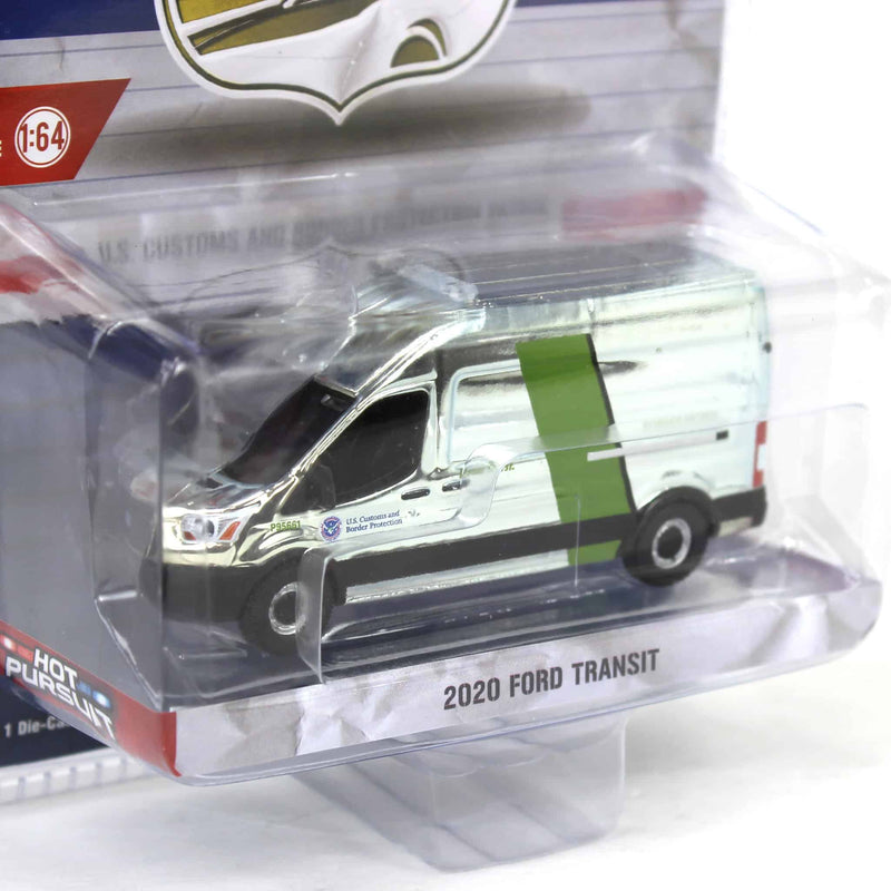 Silver Chrome Super Chase ~ 1/64 2020 Ford Transit LWB High Roof, US Customs & Border Patrol, Hot Pursuit Special Edition
