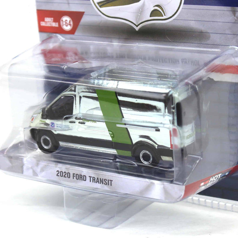 Silver Chrome Super Chase ~ 1/64 2020 Ford Transit LWB High Roof, US Customs & Border Patrol, Hot Pursuit Special Edition